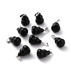 Obsidian Natural Obsidian Pendants, with Brass Loops and Snap on Bails, Long-Lasting Plated, Platinum, Gourd/Calabash, 16.5~17x12mm, Hole: 4x4mm