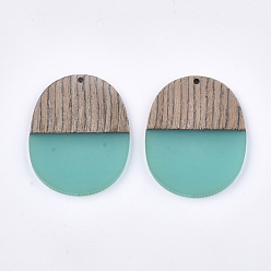 Medium Turquoise Resin & Wenge Wood Pendants, Oval, Medium Turquoise, 44.5x34.5~35.5x3~4mm, Hole: 2mm