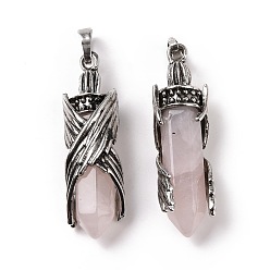 Rose Quartz Natural Rose Quartz Pendants, with Alloy Findings, Cadmium Free & Lead Free, Faceted, Bullet with Wing, 43.5~44x12.5~13x11.5~12mm, Hole: 7x5mm