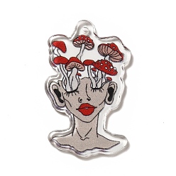 Human Printed Transparent Acrylic Pendants, Mushroom Girl Charm, 41.5x24x2.3mm, Hole: 2mm