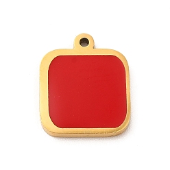 Red 304 Stainless Steel Enamel Pendants, Square Charm, Golden, Red, 13x11x1.4mm, Hole: 1mm