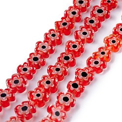 Rouge Main millefiori perles de verre brins, fleur, rouge, 6.4~9x3.2mm, trou: 1mm, environ 56 pcs/chapelet, 15.75'' (40 cm)