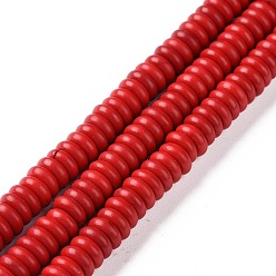 Roja Cuentas de turquesas sintéticas hebras, teñido, Rondana plana, rojo, 6x2.5~3 mm, agujero: 1 mm, sobre 115~165 unidades / cadena, 15~15.5 pulgada