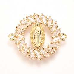 Golden Brass Micro Pave Cubic Zirconia Links, Flat Round with Guan Yin, Goddess of Mercy, Clear, Golden, 17.5x22x2.5mm, Hole: 1mm