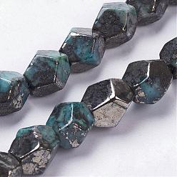 Cyan Natural Pyrite Beads Strands, Dyed, Ten Facets, Faceted Round, Cyan, 9~10x8~9x8~10mm, Hole: 1mm, about 20pcs/strand, 8 inch(20.1cm)