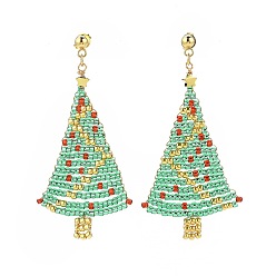 Coloré Boucles d'oreilles pendantes en forme d'arbre de Noël tressé en graines de verre, Boucles d'oreilles longues dorées en fil d'acier inoxydable pour femmes, colorées, 304mm, pin: 59 mm