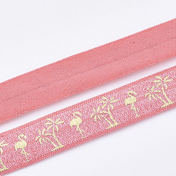 Rosa Caliente Cuerda elástica plana, forma de flamenco y patrón de palma de coco, color de rosa caliente, 15~16x1 mm, aproximadamente 3.28 yardas (3 m) / rollo