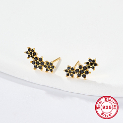 Black Cubic Zirconia Flower Stud Earrings, Golden 925 Sterling Silver Post Earings, Black, 12x5mm