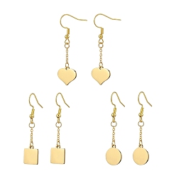 Golden 3 Pair 3 Style Heart & Flat Round & Square 304 Stainless Steel Dangle Earrings, Brass Chains Tassel Drop Earrings for Women, Golden, 45~47mm, Pin: 0.7mm, 1 Pair/style