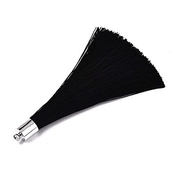 Noir Grosses décorations de pendentif en pompon en fibre, avec accessoire de platine en laiton , noir, 70~73x7~25mm, Trou: 1.8mm