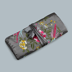 Серый Прямоугольные шелковые пакеты на молнии в стиле ретро, сумки для хранения ювелирных изделий с вышивкой и цветами с веревкой на шнурке, серые, 20x9 см, открытый: 27x20 см