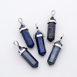 Lapis Lazuli Pendentifs pointus en lapis lazuli naturel à double terminaison, avec pendentif en alliage aléatoire, balle, platine, 36~45x12mm, Trou: 3x5mm, pierre précieuse: 10 mm de diamètre