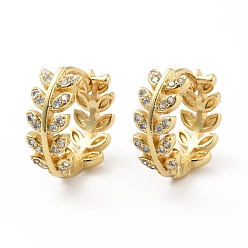 Настоящее золото 18K Прозрачные серьги-кольца с листьями кубического циркония, украшения из латуни для женщин, реальный 18 k позолоченный, 14x5.5 мм, штифты : 0.8 мм