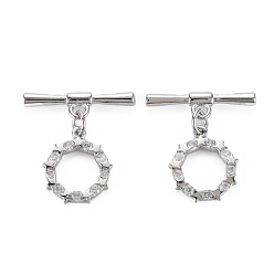 Real Platinum Plated Brass Micro Pave Clear Cubic Zirconia Toggle Clasps, Nickel Free, Ring, Real Platinum Plated, 24mm, Ring: 16x13x2mm, Bar: 22x6x2.5mm, Jump Ring: 5x0.7mm, 3.6mm inner diameter