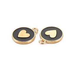 Black Alloy Enamel Pendants, Cadmium Free & Lead Free, Light Gold, Flat Round with Heart, Black, 16x13x2mm, Hole: 1.6mm