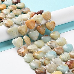 Flower Amazonite Brins de perles d'amazonite de fleurs naturelles, avec des perles de rocaille, cœur, 14~15x15x6~6.5mm, Trou: 1.4mm, Environ 23~24 pcs/chapelet, 14.57'' (37 cm)