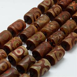 Sienna Tibetan Style 3-Eye dZi Beads Strands, Natural Agate Beads, Dyed & Heated, Column, Sienna, 21x14~14.5mm, Hole: 2.5mm, about 12pcs/strand, 12.8 inch(325mm)