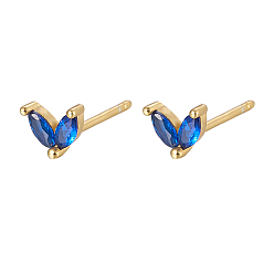 Blue Golden 925 Sterling Silver Micro Pave Cubic Zirconia Stud Earrings, Leaf, Blue, 5.5mm