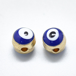 Blue Alloy Enamel Beads, Column with Evil Eye, Light Gold, Blue, 5.5x6x6mm, Hole: 1.4mm