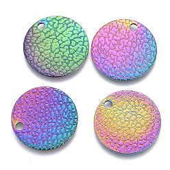 Rainbow Color Ion Plating(IP) 304 Stainless Steel Charms, Textured, Laser Cut, Flat Round, Rainbow Color, 15x0.8mm, Hole: 1.5mm