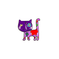 Púrpura Gato con insignias de flores, pins aleación del esmalte, lindo broche de dibujos animados, púrpura, 26x25 mm
