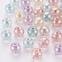 Couleur Mélangete Perles acryliques transparentes, avec de la poudre, de couleur plaquée ab , ronde, couleur mixte, 12x11mm, Trou: 2.5mm, environ566 pcs / 500 g
