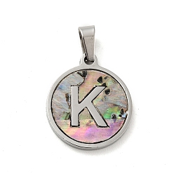 Letter K 304 Stainless Steel with Paua Shell Pendants, Stainless Steel Color, Flat Round with Letter Charm, Letter.K, 18x16x1.5mm, Hole: 3x6mm