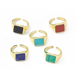 Mixed Stone Natural Genstone Square Open Cuff Ring, Golden Brass Jewelry for Women, Cadmium Free & Lead Free, Inner Diameter: 16mm