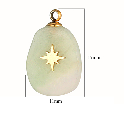 Jade Nouveau Nouveaux pendentifs en jade naturel, charmes ovales, avec tranche étoile en acier inoxydable doré, 17~18x11~12x3.5~4.3mm