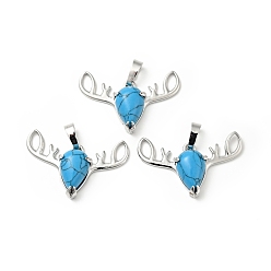 Synthetic Turquoise Synthetic Turquoise Pendants, with Platinum Tone Brass Findings, Lead Free & Cadmium Free, Deer Head Charms, 23~24x34x7.5mm, Hole: 5x8mm