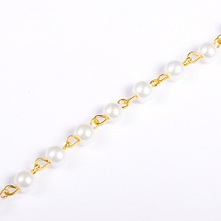 White Handmade Round Glass Pearl Beads Chains for Necklaces Bracelets Making, with Golden Iron Eye Pin, Unwelded, White, 39.3 inch, Bead: 6mm