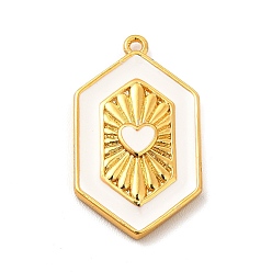 White Brass Enamel Pendants, Cadmium Free & Lead Fre, Hexagon with Heart Charm, Golden, White, 23x13.5x2.5mm, Hole: 1.2mm