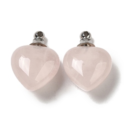 Rose Quartz Natural Rose Quartz Perfume Bottle Pendants, Heart Charms with Stainless Steel Color Plated 304 Stainless Steel Findings, 28x20x12mm, Hole: 2mm