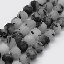 Rutilated Quartz Natural Black Rutilated Quartz Beads Strands, Frosted, Round, 6mm, Hole: 0.8mm, about 61pcs/strand, 15.3 inch(39cm)