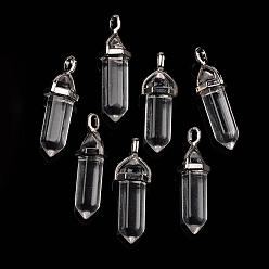Clear Bullet Glass Pointed Pendants, with Alloy Findings, Platinum, Clear, 40x12mm, Hole: 3x4mm