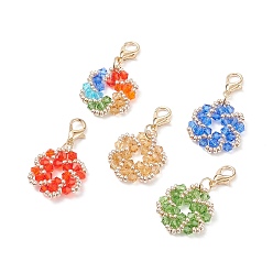 Mixed Color Imitate Austrian Crystal Bicone Glass Pendant Decoration, Flower Glass Seed Beads Charms, with Zinc Alloy Lobster Claw Clasps, Mixed Color, 34mm, Flower: 20x21x3.5mm