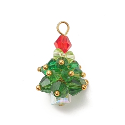 Colorido Colgantes de cristal del árbol de navidad, con abalorios y fornituras de latón chapado en oro real 18k, colorido, 26x18.5x18.5 mm, agujero: 2.2 mm