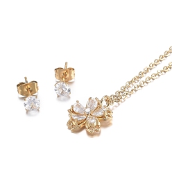 Golden 304 Stainless Steel Rhinestone Jewelry Sets, Sakura Pendant Necklaces and Stud Earrings, Cable Chains, Lobster Claw Clasps and Ear Nuts, Crystal, Golden, 18.11 inch(46cm), 15x1.5mm, Pin: 0.7mm