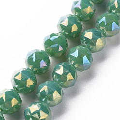 Green Electroplate Glass Beads Strands, AB Color Plated, Faceted Round, Green, 10x9.5mm, Hole: 1.2mm, about 60pcs/strand, 21.65 inch~22.05 inch(55cm~56cm)