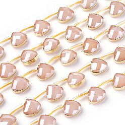 Wheat Opaque Glass Beads Strands, Top Drilled Beads, with Golden Tone Brass Findings, Pearl Luster Plated, Faceted, Teardrop, Wheat, 12x13x6mm, Hole: 1mm, about 10pcs/strand, 7.16 inch (18.2cm)