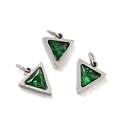 Green 304 Stainless Steel Pendants, with Cubic Zirconia and Jump Rings, Single Stone Charms, Triangle, Stainless Steel Color, Green, 11x9.5x3mm, Hole: 3.6mm