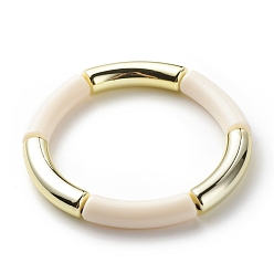 Seashell Color Acrylic Curved Tube Beaded Stretch Bracelet for Women, Seashell Color, Inner Diameter: 2-1/8 inch(5.3cm)