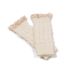 Blanc Gants sans doigts à tricoter en fil de fibre acrylique, gants chauds d'hiver à bord en dentelle avec trou pour le pouce pour femmes, blanc, 190x75mm