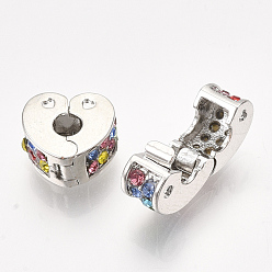 Colorful Brass European Clasps, Large Hole Beads, with Rhinestone, Heart, Platinum, Colorful, 10x11x5.5mm, Hole: 3mm