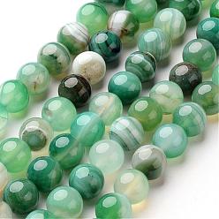 Sea Green Natural Striped Agate/Banded Agate Beads Strands, Round, Dyed & Heated, Sea Green, 8mm, Hole: 1mm, about 48pcs/strand, 14.1 inch