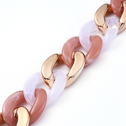 Rosy Brown Imitation Gemstone Style Handmade Acrylic Curb Chains, with Rose Gold Plated CCB Plastic Linking Ring, Rosy Brown, Link: 29x21x6mm, 60pcs/strand, about 39.37 inch(1m)/strand