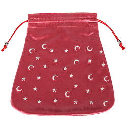 Cerise Velvet Packing Pouches, Drawstring Bags, Trapezoid with Moon & Star Pattern, Cerise, 21x21cm
