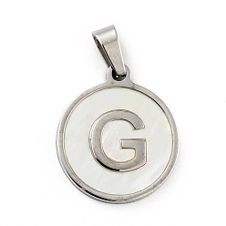 Letter G 304 Stainless Steel with White Shell Pendants, Stainless Steel Color, Flat Round with Letter Charm, Letter.G, 18x16x1.5mm, Hole: 3x6mm