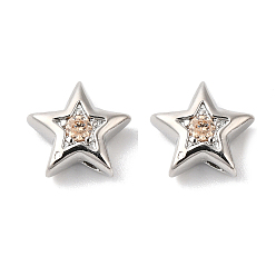 Bisque Brass with Cubic Zirconia Beads Beads, Real Platinum Plated, Star, Bisque, 7.5x8x3mm, Hole: 1mm