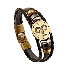 Bélier Bracelets multibrins cordon cuir de vachette tressé, bracelet constellation pour homme, avec perle en bois et fermoir en alliage, Aries, 7-7/8~8-1/2 pouce (20~21.5 cm)